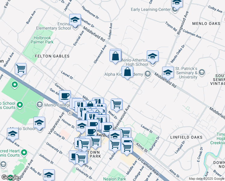 map of restaurants, bars, coffee shops, grocery stores, and more near 1160 Pine Street in Menlo Park