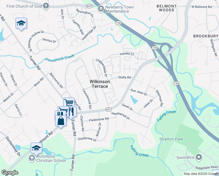 map of restaurants, bars, coffee shops, grocery stores, and more near 4119 Lamplighter Drive in Richmond