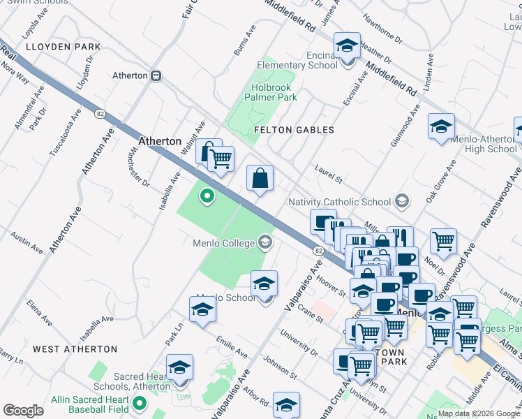 map of restaurants, bars, coffee shops, grocery stores, and more near 1600 California 82 in Menlo Park