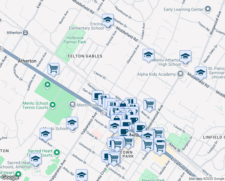 map of restaurants, bars, coffee shops, grocery stores, and more near 448 Glenwood Avenue in Menlo Park