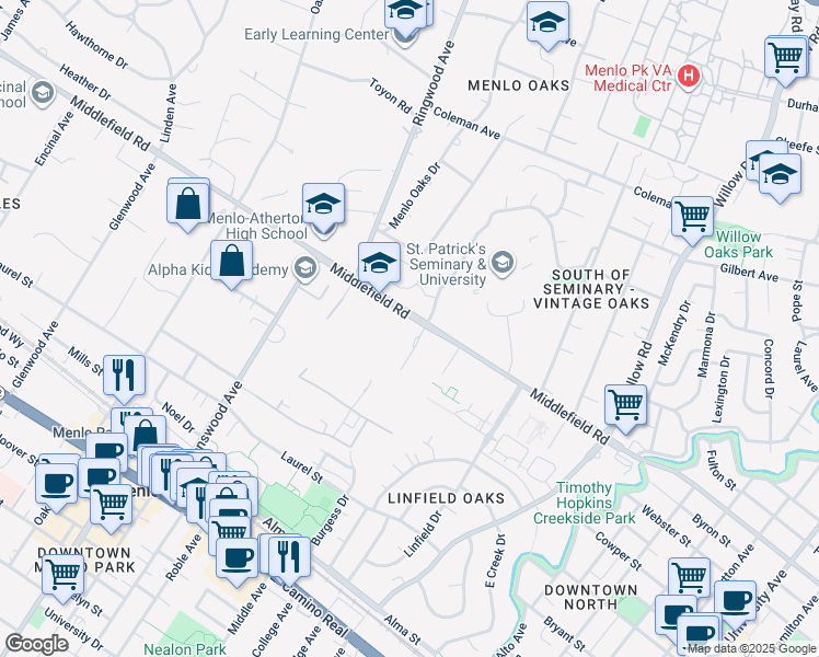 map of restaurants, bars, coffee shops, grocery stores, and more near 525 Middlefield Road in Menlo Park