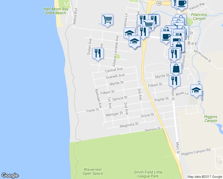 map of restaurants, bars, coffee shops, grocery stores, and more near 319 Filbert Street in Half Moon Bay