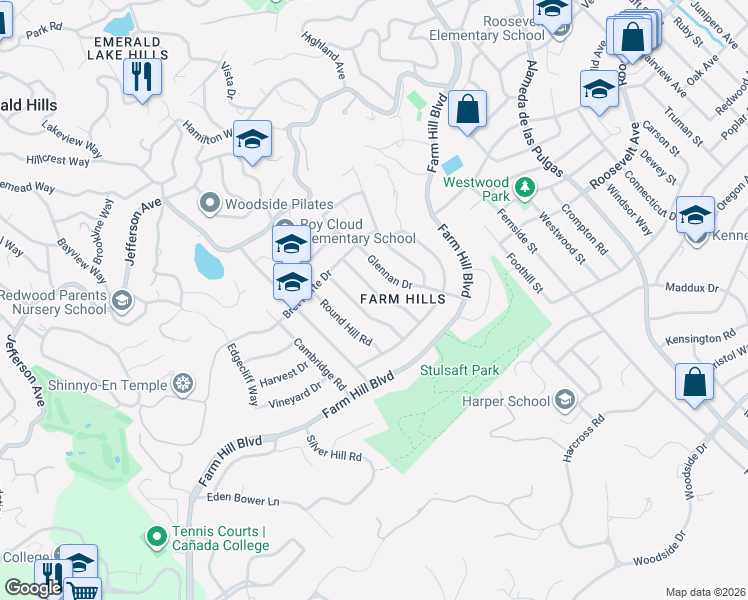 map of restaurants, bars, coffee shops, grocery stores, and more near 950 Pleasant Hill Road in Redwood City