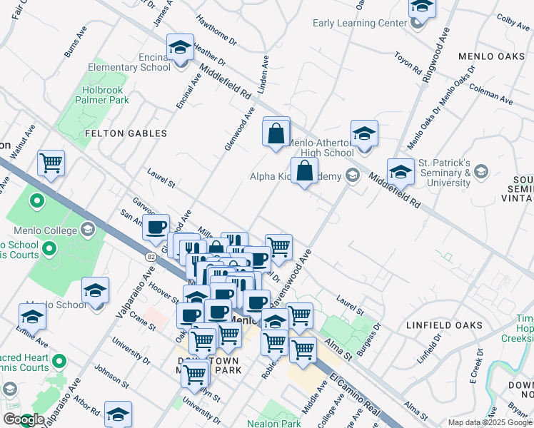 map of restaurants, bars, coffee shops, grocery stores, and more near 1160 Pine Street in Menlo Park