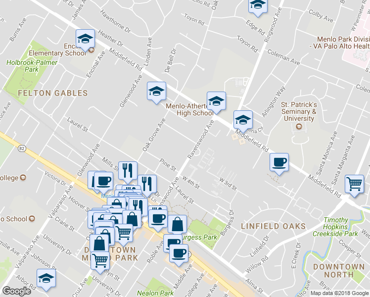 map of restaurants, bars, coffee shops, grocery stores, and more near 208 Ravenswood Avenue in Menlo Park