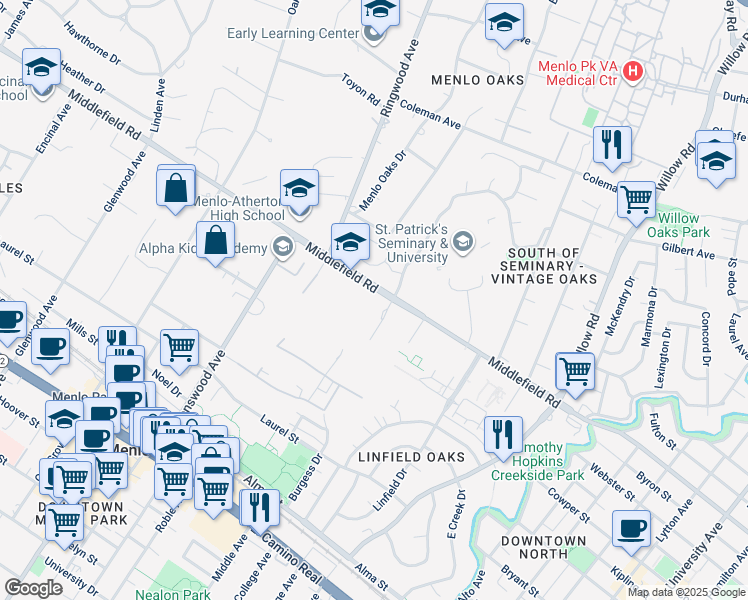 map of restaurants, bars, coffee shops, grocery stores, and more near 525 Middlefield Road in Menlo Park