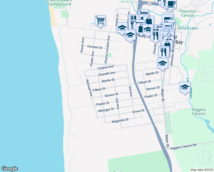 map of restaurants, bars, coffee shops, grocery stores, and more near 319 Filbert Street in Half Moon Bay