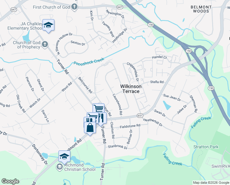 map of restaurants, bars, coffee shops, grocery stores, and more near 4045 Laurelwood Road in Richmond