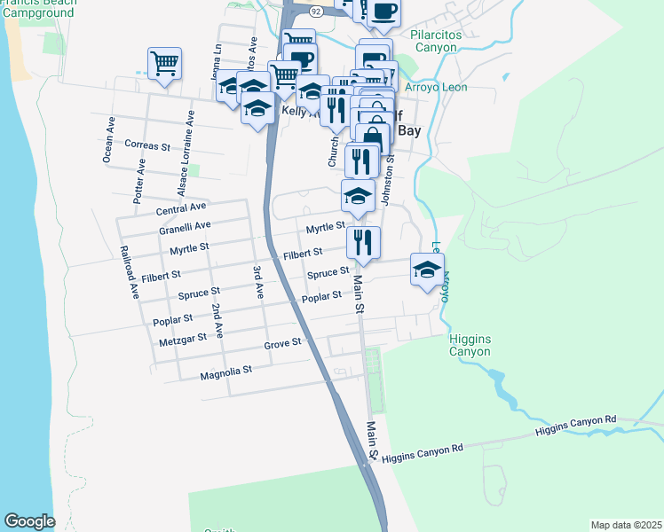 map of restaurants, bars, coffee shops, grocery stores, and more near 651 Spruce Street in Half Moon Bay