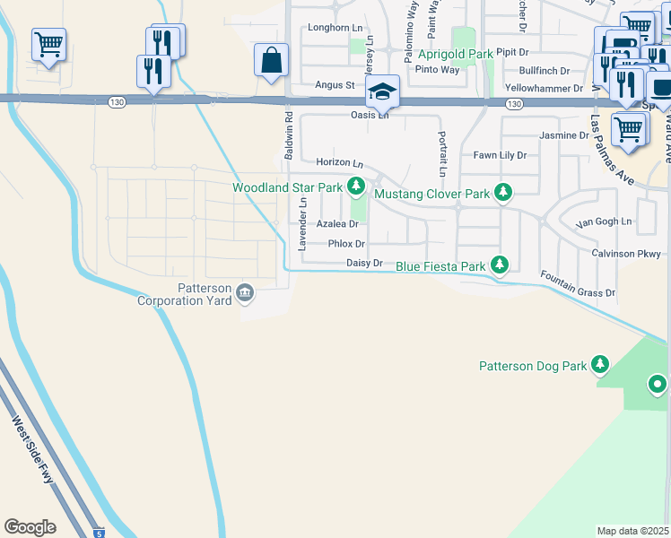 map of restaurants, bars, coffee shops, grocery stores, and more near 1522 Daisy Drive in Patterson