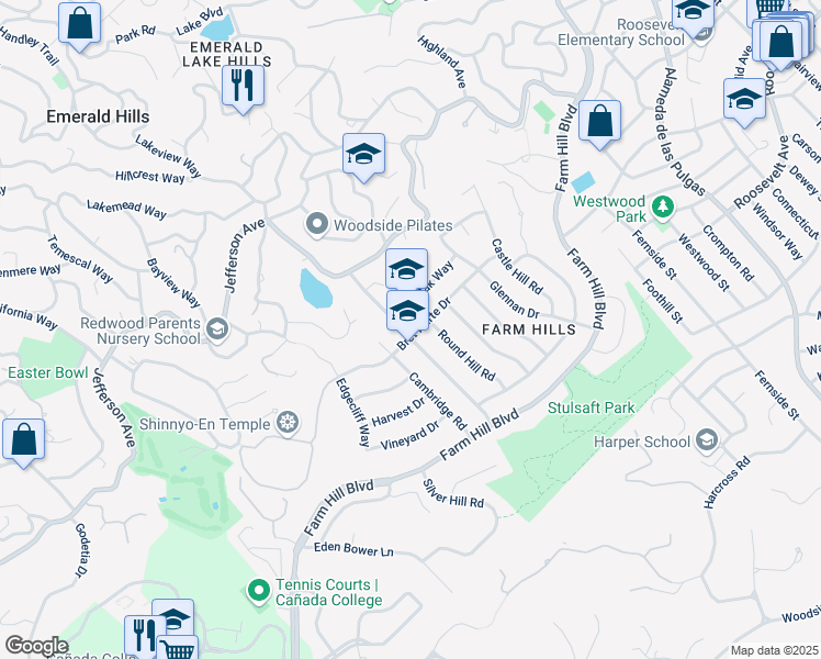 map of restaurants, bars, coffee shops, grocery stores, and more near 3798 Bret Harte Drive in Redwood City