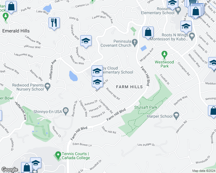 map of restaurants, bars, coffee shops, grocery stores, and more near 913 Round Hill Road in Redwood City