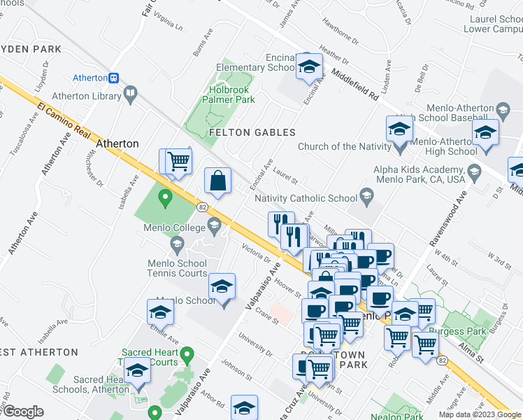 map of restaurants, bars, coffee shops, grocery stores, and more near 1518 San Antonio Street in Menlo Park