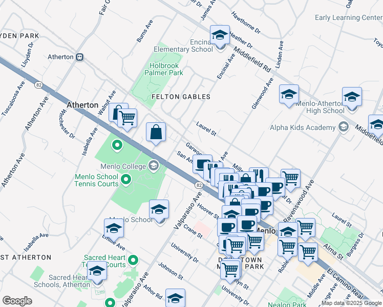map of restaurants, bars, coffee shops, grocery stores, and more near 1524 San Antonio Avenue in Menlo Park