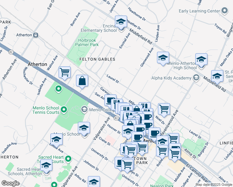 map of restaurants, bars, coffee shops, grocery stores, and more near 1435 Mills Court in Menlo Park