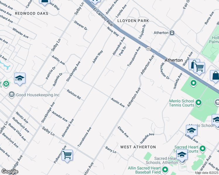 map of restaurants, bars, coffee shops, grocery stores, and more near 88 Tuscaloosa Avenue in Atherton