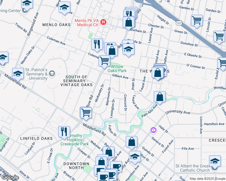 map of restaurants, bars, coffee shops, grocery stores, and more near 276 Marmona Drive in Menlo Park