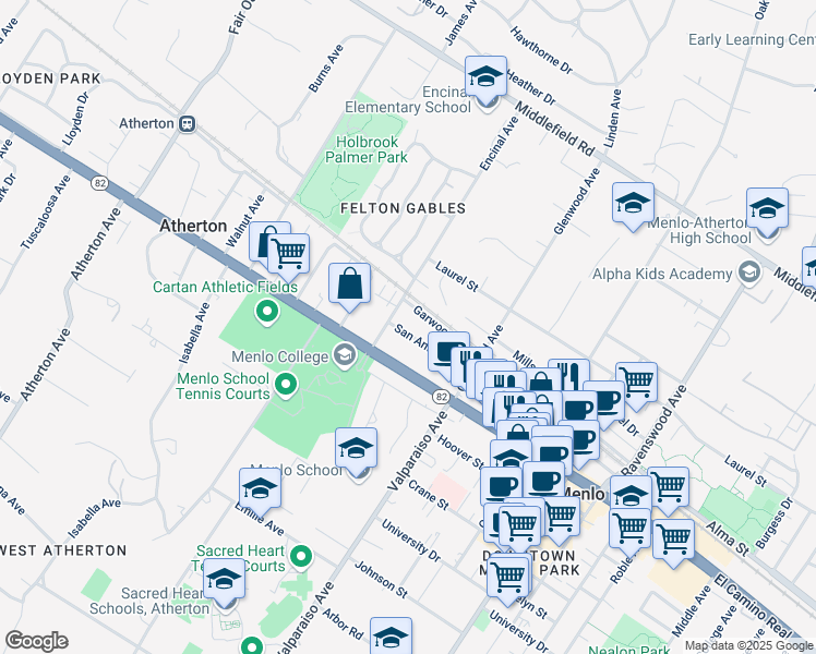 map of restaurants, bars, coffee shops, grocery stores, and more near 1560 San Antonio Street in Menlo Park