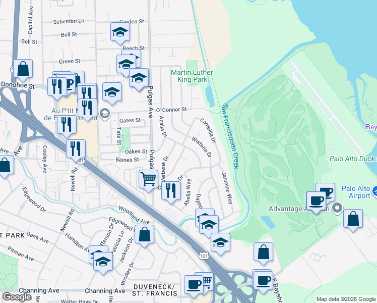 map of restaurants, bars, coffee shops, grocery stores, and more near 135 Azalia Drive in East Palo Alto