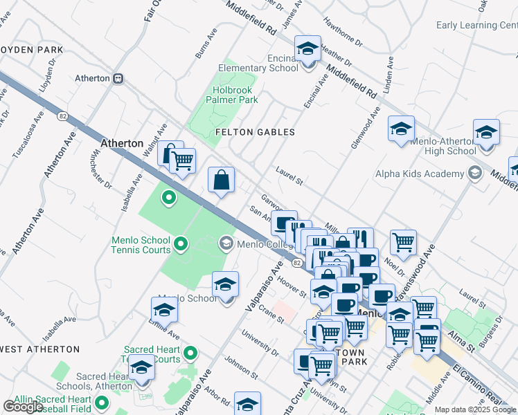 map of restaurants, bars, coffee shops, grocery stores, and more near 1560 San Antonio Street in Menlo Park
