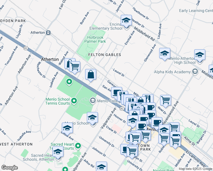 map of restaurants, bars, coffee shops, grocery stores, and more near 1518 San Antonio Street in Menlo Park