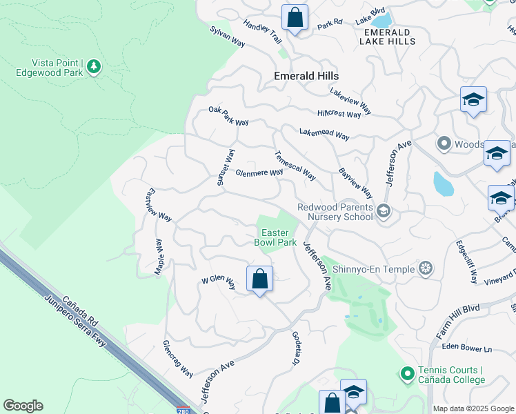 map of restaurants, bars, coffee shops, grocery stores, and more near 750 West California Way in Woodside
