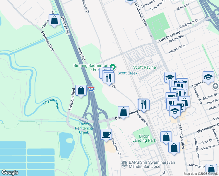 map of restaurants, bars, coffee shops, grocery stores, and more near 49111 Milmont Dr in Fremont
