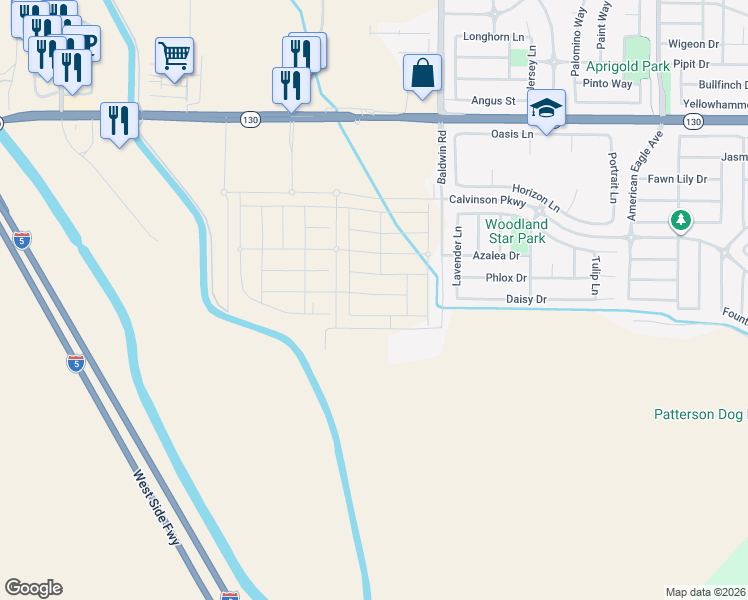 map of restaurants, bars, coffee shops, grocery stores, and more near 16215 Baldwin Road in Patterson