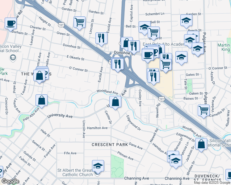 map of restaurants, bars, coffee shops, grocery stores, and more near 1900 University Avenue in East Palo Alto