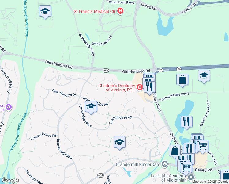 map of restaurants, bars, coffee shops, grocery stores, and more near 13811 Shadow Ridge Road in Midlothian