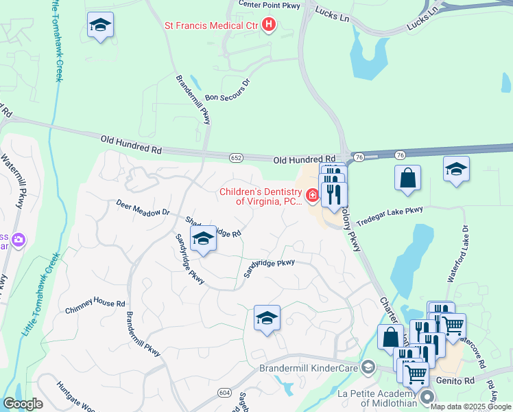 map of restaurants, bars, coffee shops, grocery stores, and more near 13811 Shadow Ridge Road in Midlothian