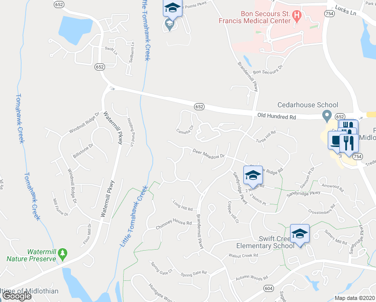 map of restaurants, bars, coffee shops, grocery stores, and more near 2100 Deer Meadow Place in Midlothian