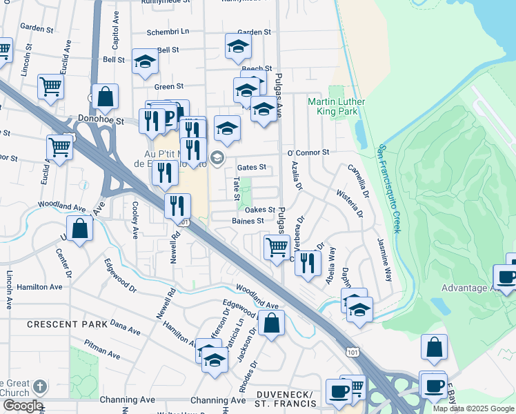 map of restaurants, bars, coffee shops, grocery stores, and more near 934 Oakes Street in East Palo Alto
