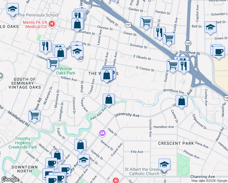map of restaurants, bars, coffee shops, grocery stores, and more near 1100 Woodland Avenue in Menlo Park