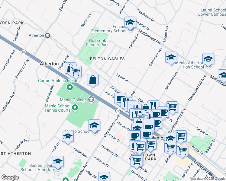 map of restaurants, bars, coffee shops, grocery stores, and more near 1518 San Antonio Street in Menlo Park