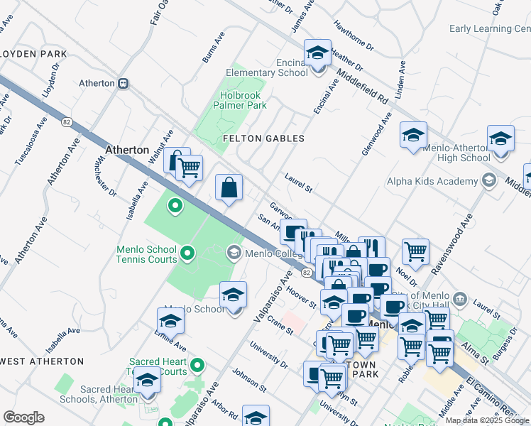 map of restaurants, bars, coffee shops, grocery stores, and more near 1550 Encinal Avenue in Menlo Park