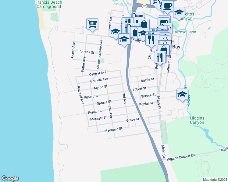 map of restaurants, bars, coffee shops, grocery stores, and more near 448 Filbert Street in Half Moon Bay