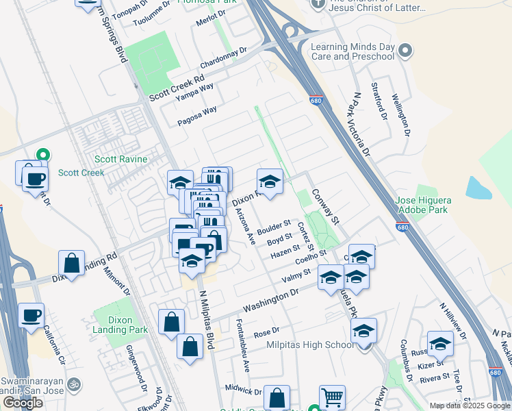 map of restaurants, bars, coffee shops, grocery stores, and more near 1830 Vegas Avenue in Milpitas