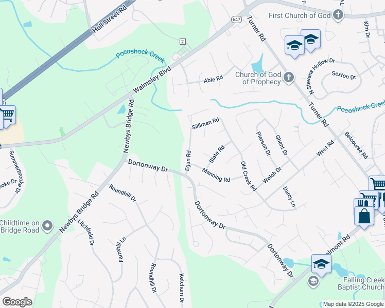 map of restaurants, bars, coffee shops, grocery stores, and more near 3521 Egan Road in Chesterfield