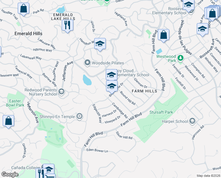 map of restaurants, bars, coffee shops, grocery stores, and more near 3798 Bret Harte Drive in Redwood City