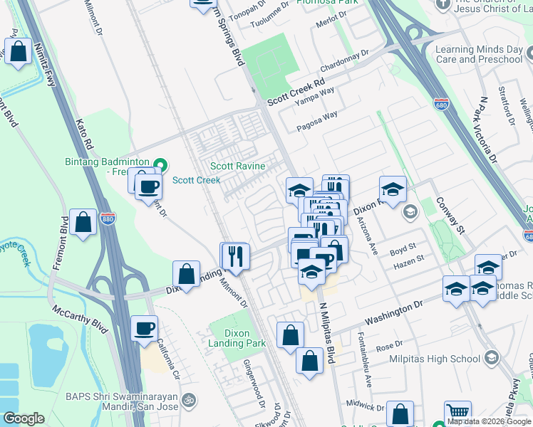 map of restaurants, bars, coffee shops, grocery stores, and more near 60 Wilson Way in Milpitas