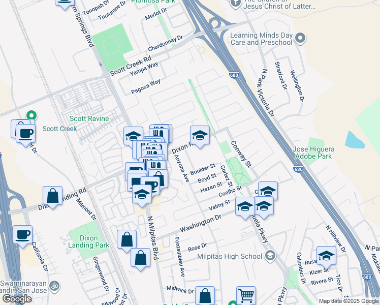 map of restaurants, bars, coffee shops, grocery stores, and more near 1830 Vegas Avenue in Milpitas