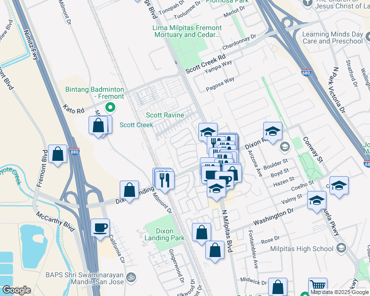map of restaurants, bars, coffee shops, grocery stores, and more near 60 Wilson Way in Milpitas