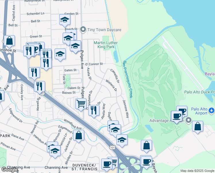 map of restaurants, bars, coffee shops, grocery stores, and more near 140 Azalia Drive in East Palo Alto