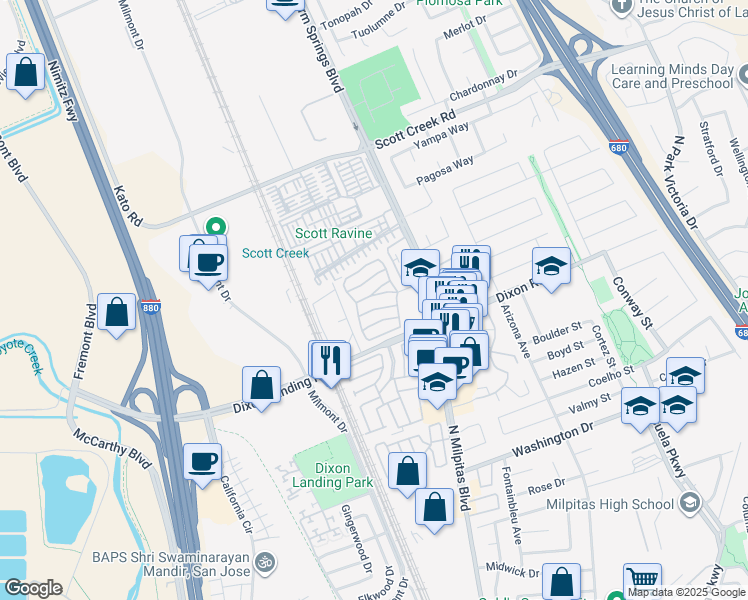 map of restaurants, bars, coffee shops, grocery stores, and more near 60 Wilson Way in Milpitas
