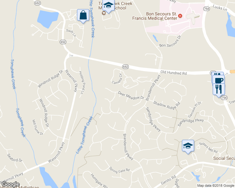 map of restaurants, bars, coffee shops, grocery stores, and more near 2115 Deer Meadow Road in Midlothian