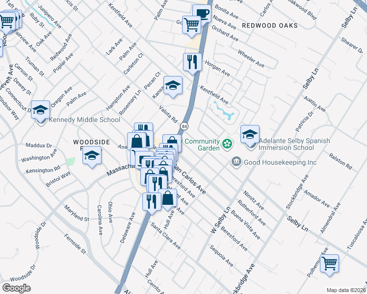 map of restaurants, bars, coffee shops, grocery stores, and more near 118 Alexander Avenue in Redwood City