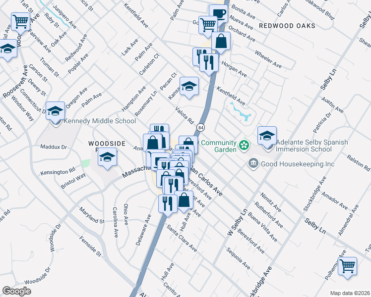 map of restaurants, bars, coffee shops, grocery stores, and more near 1322 Woodside Road in Redwood City