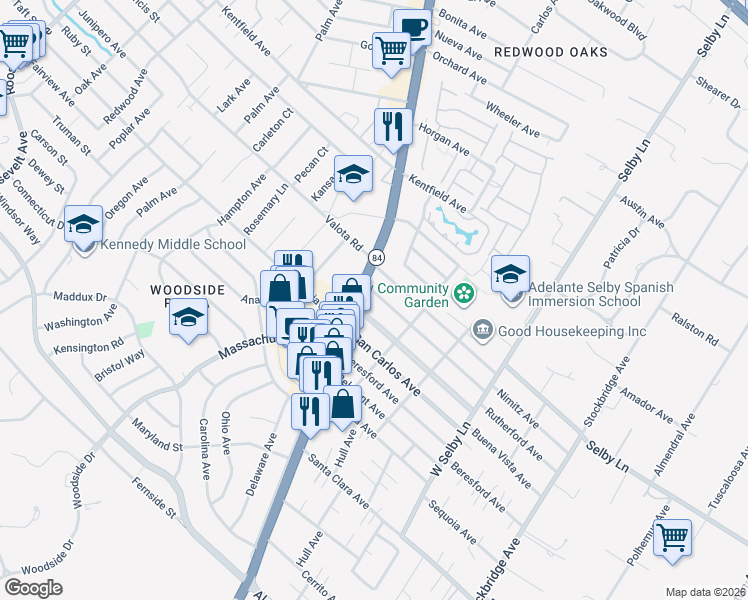 map of restaurants, bars, coffee shops, grocery stores, and more near 118 Alexander Avenue in Redwood City