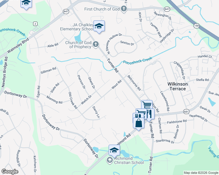 map of restaurants, bars, coffee shops, grocery stores, and more near 6551 West Road in Chesterfield
